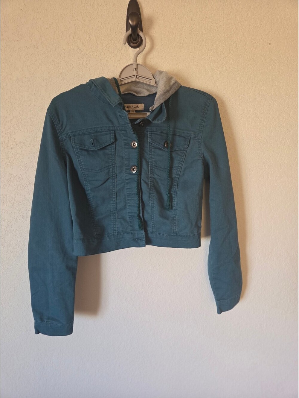 Blue Cropped Hooded Utility Jacket with Gray Drawstring Hood for Women